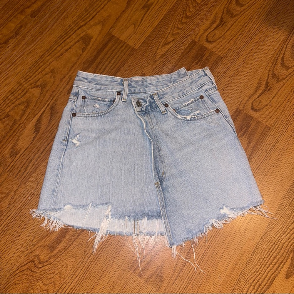 AGOLDE Criss Cross Light Wash Denim Mini Skirt Distressed Raw Hem